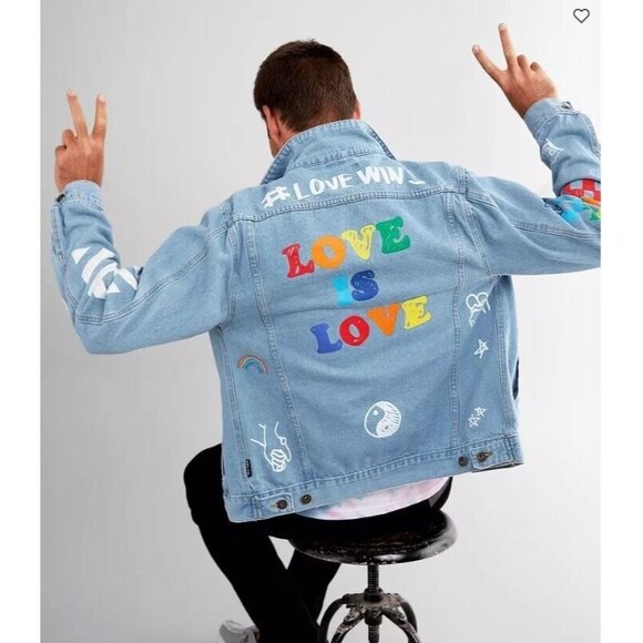 Brooklyn Cloth Pride Doodle Jean Jacket Blue Denim Peace Love United Size M - Picture 1 of 13